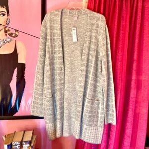 NWT Chico’s Frost Gray Mixed Plaid Duster Cardigan Long Sweater Womens 2 (Lg)
